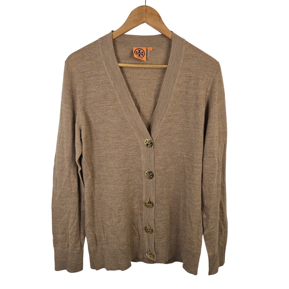 Tory Burch Womens XL Camel Brown 100% Merino Wool Logo Button V-Neck Cardigan